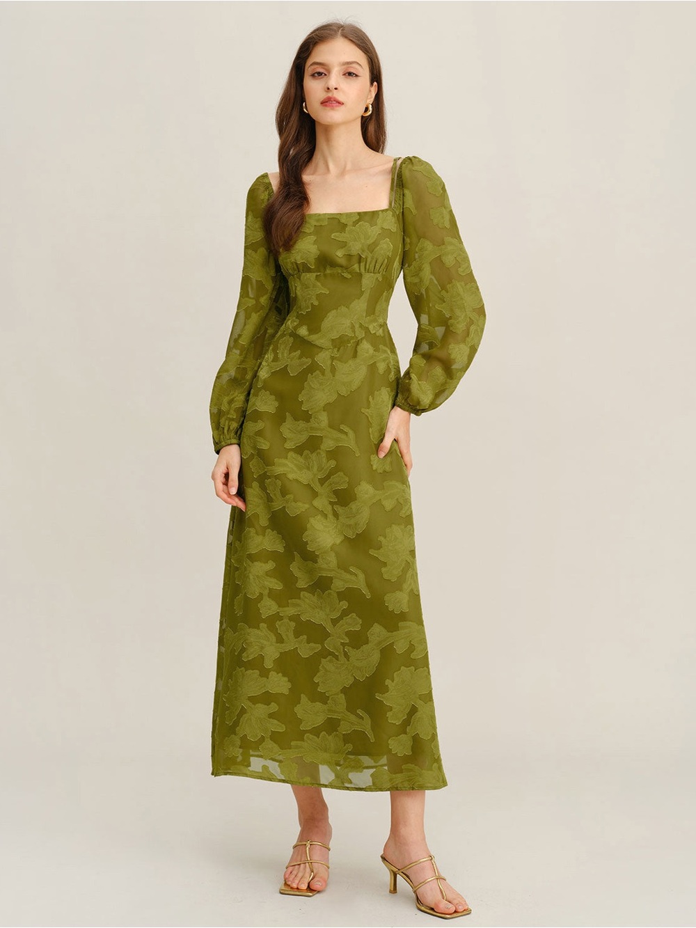 RIHOAS- Green Floral Square Neck A-Line Maxi Dress - NWT